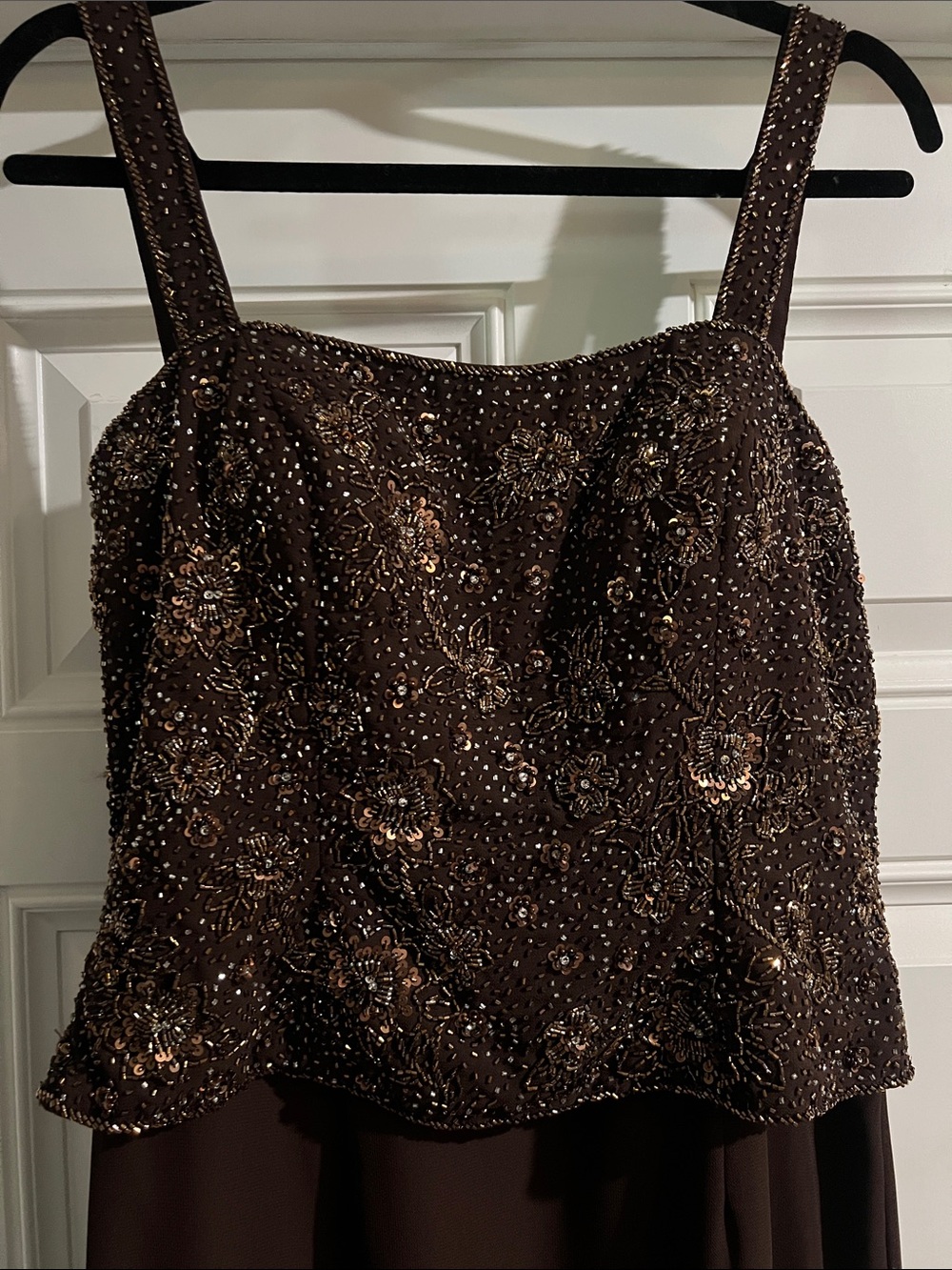 CAMERON BLAKE by Mon Cheri Brown Beaded Chiffon Ruffle Hem Evening Gown Size 10 - Picture 4 of 10
